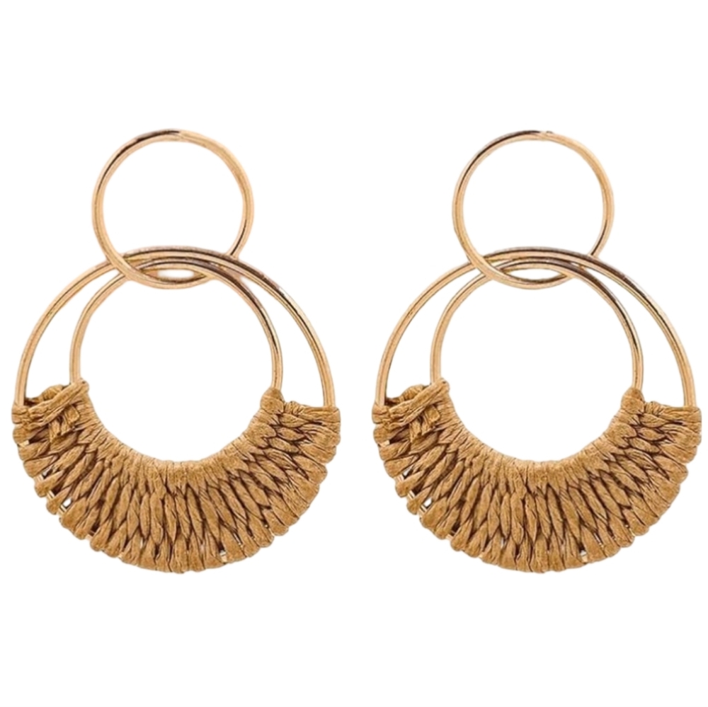 Tan Woven Raffia Gold Hoop Earrings Wicker Hoops Links Post Summer Rattan Style